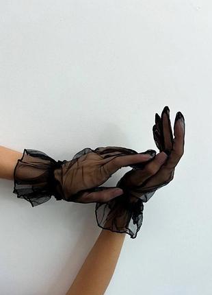 ✨ ніжні прозорі чорні рукавички з фатину в рожевому кольорі з рюшами ✨