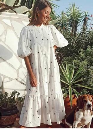 Zara платье белоснежное с вышивкой и пышными рукавами