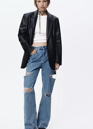 Жіночий чорний блейзер з екошкіри з лацканами та підплечниками xs zara