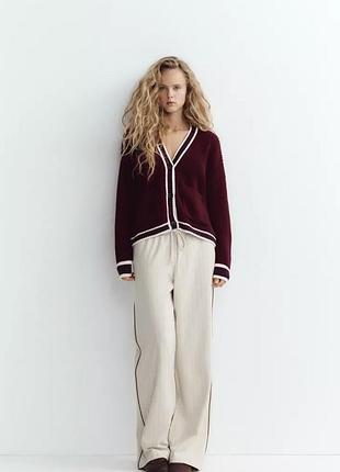 Жіночий костюм zara l — кардиган бордовий + штани сіро-бежеві