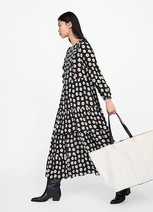 Длинное платье с цветочным принтом zara натуральное летнее платье с оборками довга квіткова сукня зара віскоза