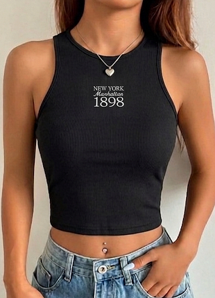В рубчик з вишивкою 🖤 кроп-топ shein 🖤 чорний базовий топік new york 1898