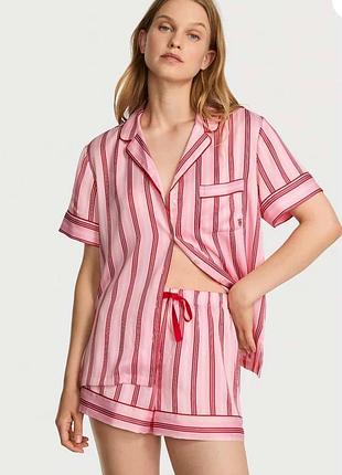 Женская пижама (шорты + рубашка) victoria's secret (444469715362) signature satin short pajama set xs розовая