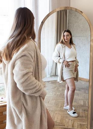 Женский теплый домашний комплект с пушистым халатом, топом и шортами soft touch