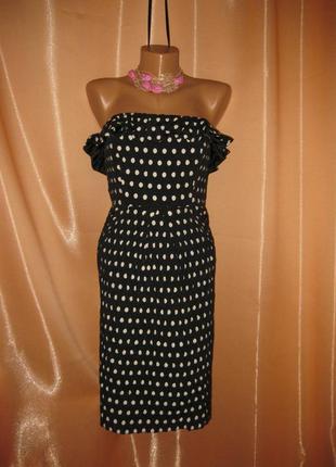 Приталеное миди платье открытые плечи marks&spencer, черное в горошек, 10р. км07463 фото