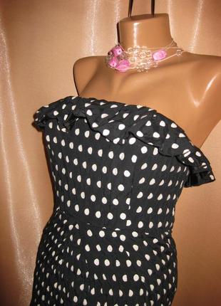 Приталеное миди платье открытые плечи marks&spencer, черное в горошек, 10р. км07464 фото