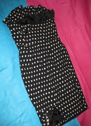 Приталеное миди платье открытые плечи marks&spencer, черное в горошек, 10р. км07467 фото