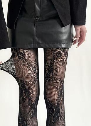 Колготки кружевные ажурные с цветочным узором one size черный