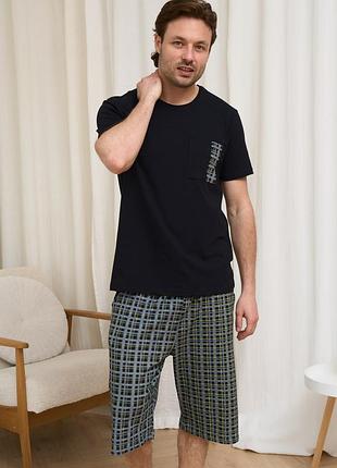 Пижама мужская футболка с шортами в клеточку черная размеры m, l, xl, 2xl