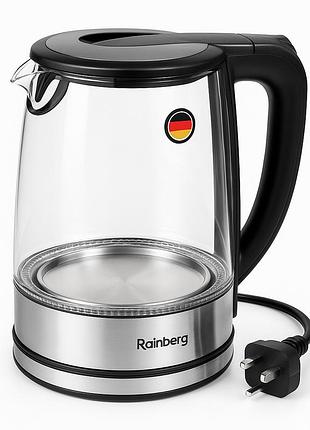 Дисковий електричний чайник rainberg rb-709 2л 2200вт скляний із підсвічуванням, безшумний чайник black