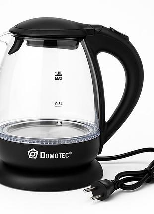 Скляний електрочайник domotec ms-7910 1л 1650вт з led підсвічуванням
