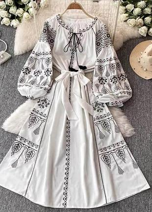 Длинное этно платье-вышиванка kd796 с вышивкой в стиле бохо oversize белое (796)