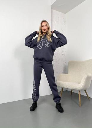 Теплый женский спортивный костюм с teddi графит (размеры 42/44, 46/48)