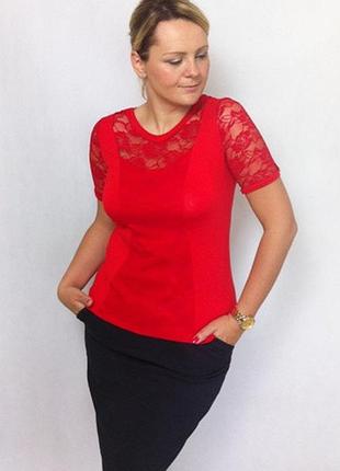 Женская красная вискозная блузка bonita с кружевом тмjustti, польша 46 (наш 52)
