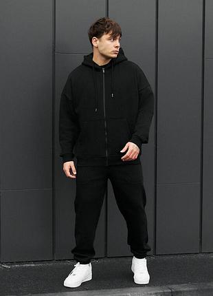 Однотонный зимний костюм staff wit zip black oversize fleece