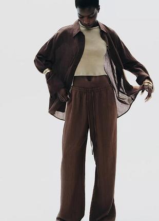 Коричневі фактурні шоколадні штани брюки вільні прямі wide leg zara s m / шоколадные коричневые штаны брюки свободные фактурные прямые зара