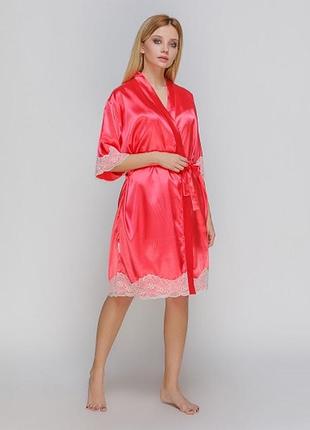 Халат женский из стрейч атласа большой размер коралловый, 4xl