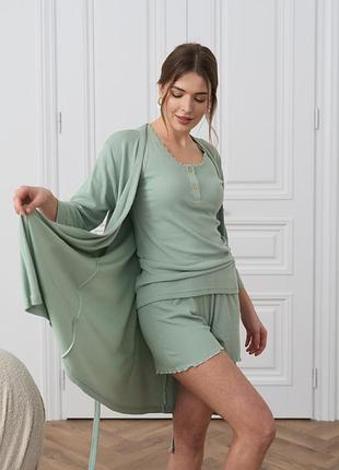 Комплект двойка пижама и халат хаки, s