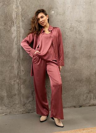 Женский брючный костюм тройка l-xl. розовый