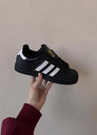 Чорні кросівки унісекс adidas superstar black white winter fur х адідас суперстар зима 43