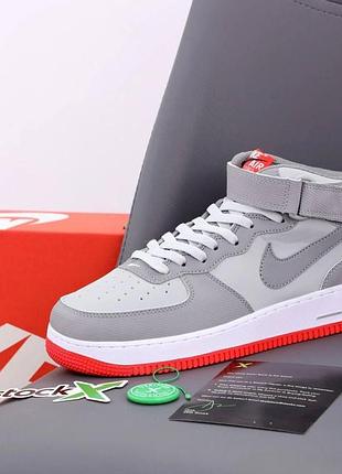 Сірі чоловічі кросівки найк ейр форс шкіра nike air force high grey red 40