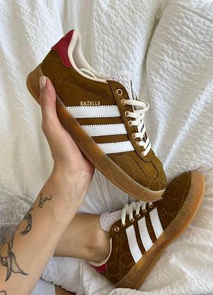 Бежеві кросівки унісекс adidas gazelle & gucci brown white red х адідас газель 37
