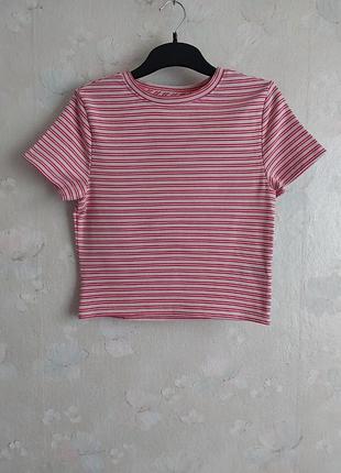 Футболка женская primark s-m 44-46р., в полоску, хлопок с эластаном, розовая