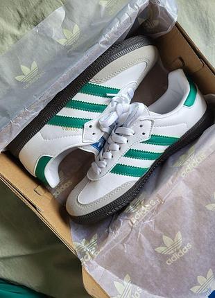Белые кожаные кроссовки adidas samba white green x адидас самба 41