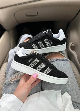 Женские чёрные кроссовки adidas campus black white leopard x адидас кампус 40