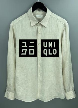 Uniqlo чоловіча лляна сорочка у смужку молочно бежева льон розмір м