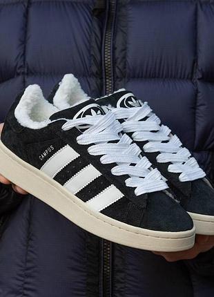 Чорні замшеві кросівки унісекс adidas campus black white winter fur x кампус 44