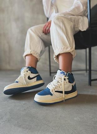 Білі кросівки унісекс nike air jordan 1 retro high og sp fragment travis scott white blue х джордан 36