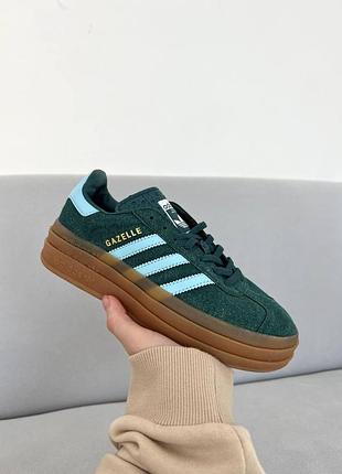 Женские зеленые кроссовки adidas gazelle bold platform green blue х газель 39