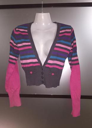 Укорочённый цветной кардиган в полоску. кофта на пуговичках