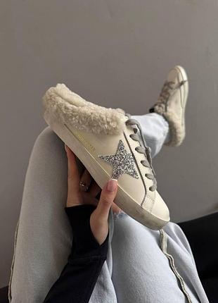 Женские белые кроссовки golden goose superstar sparkle white winter fur х голден гус 39