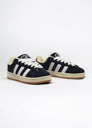 Чорні замшеві кросівки унісекс adidas campus black white winter fur x кампус 40