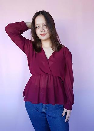 Блуза полупрозрачная на запах boohoo бордовая 48, xl