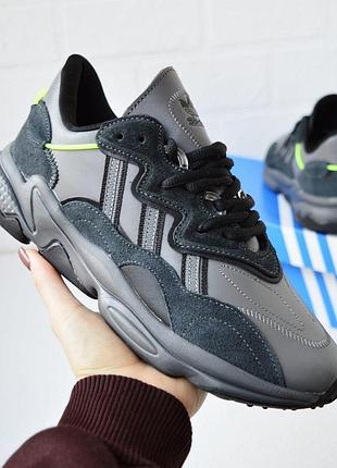 Кросівки чоловічі adidas ozweego сірі із салатовим шкіряним адідас озго на весну, літо, осінь 42 (26 см)