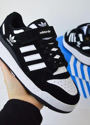 Жіночі літні замшеві кросівки adidas forum чорні з білим модні літні кросівки адідас форум