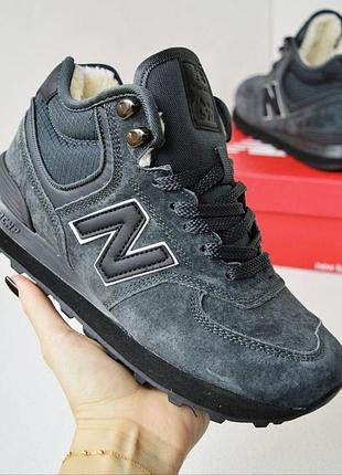 Женские зимние замшевые кроссовки new balance 574 с мехом высокие темно-серые с черным теплый евроход 574 на зиму 38(24см)