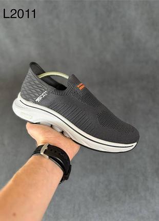 Чоловічі літні кросівки мокасини skechers slip-ins go walk темно сірі модні кроссовки скечерс сітка 44(28см)