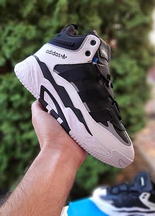 Теплі жіночі зимові шкіряні кросівки на хутрі adidas niteball високі білі з чорним кросівки адідас найтбол