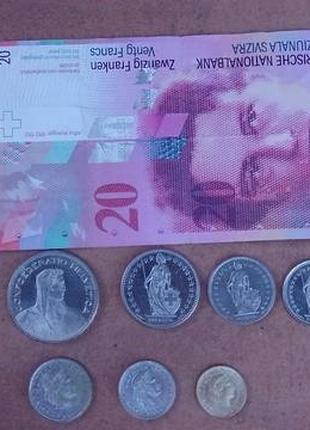 Банкнота 20 швейцарських франків 8-серії та монети
