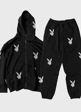 Спортивний зіп костюм з рефлективним принтом playboy | зіп худі + джогери коричневый
