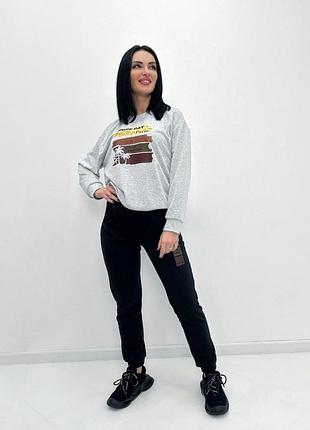 Женский спортивный костюм двухцветный с принтом серый меланж+черный, 50/52