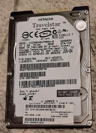 Нерабочий ide hdd 2.5 40 гб hitachi 4200 жесткий диск ic25n040atmr04-0 хитачи ata pata