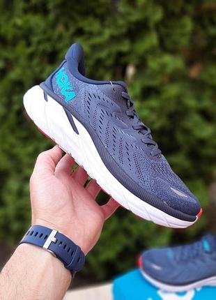 Чоловічі літні кросівки hoka one one clifton 8 сині з червоним легкі кросівки хока челенжер