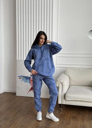 Теплый костюм женский мраморный принт на флисе голубой xxl/xxxl