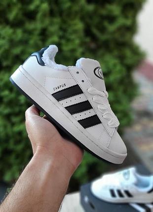 Теплые зимние кожаные кроссовки на меху adidas campus белые с черным женские кроссовки адидас кампус 40(25.5см)