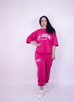 Костюм жіночий літній (футболка + штани) трикотажний малиновий m-l